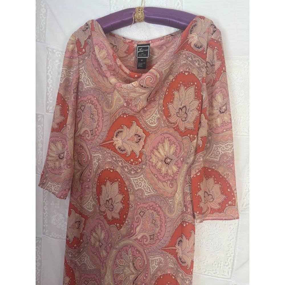 90's/Early 2000's Pink Brown Paisley Cowl Neck Semi Sheer Boho Maxi Dress XXL